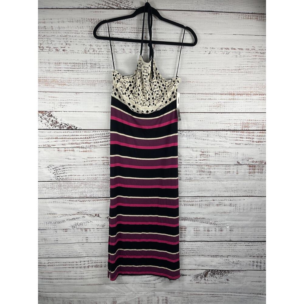 Kensie Dress Women's XS Black Pink Stripe Crochet Lace Halter Maxi Boho Summer